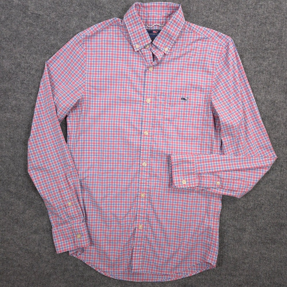 Vineyard Vines Performance Shirt Mens XS Red Blue Plaid Slim Fit Tucker Whale